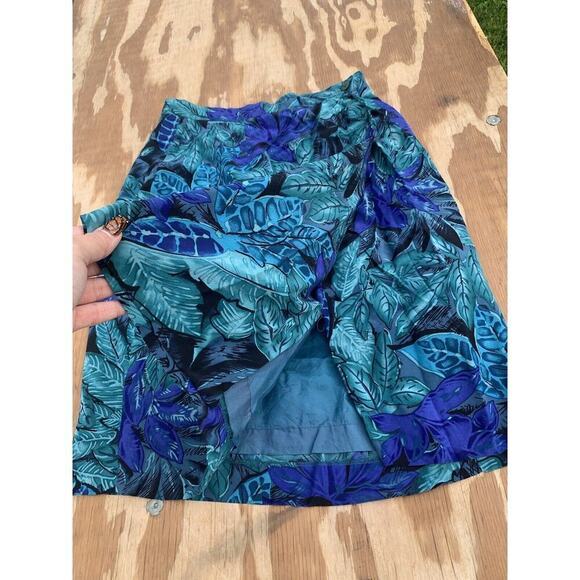 Vintage Kasper ASL Womens Silk Skirt Size 6 Blue Green Floral Leaves Tropical - Picture 3 of 6